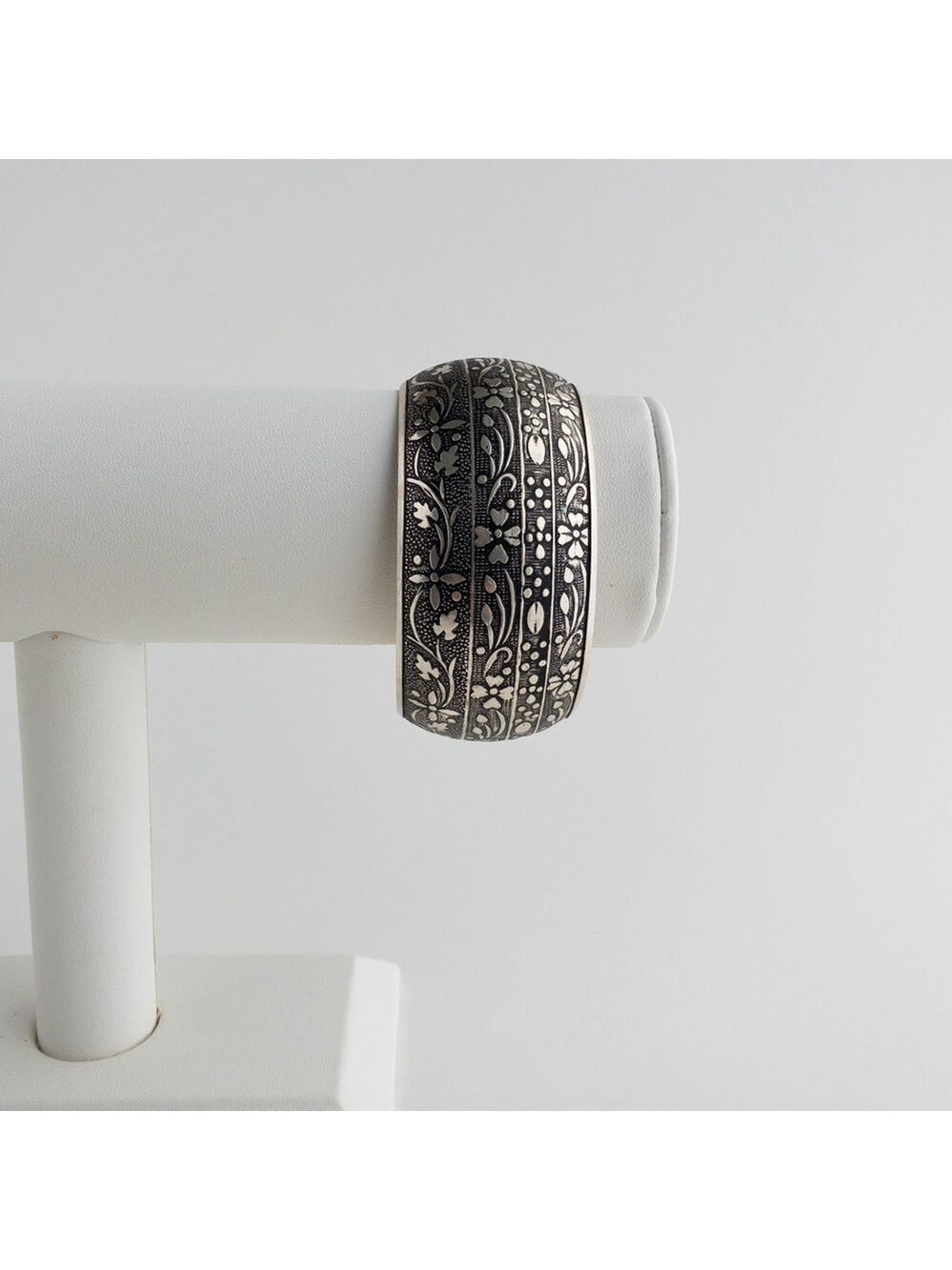 Silver Plated Wide Cuff Bangle Bracelet Floral Motif Ornate Design